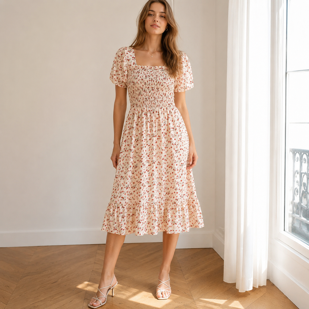 Vestido Midi Fruncido Floral